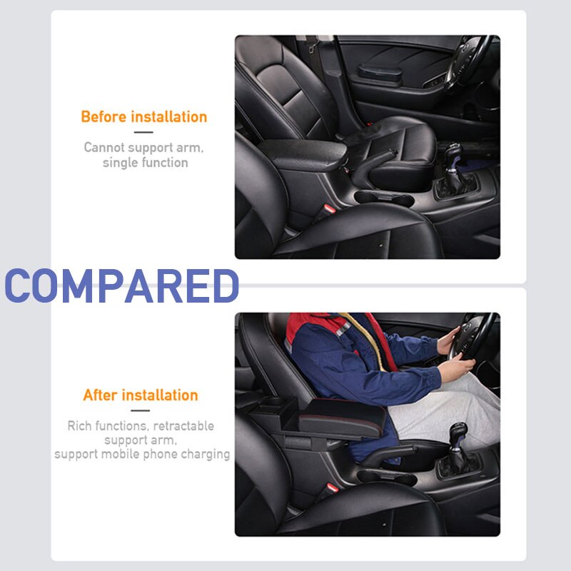 SEAMETAL Auto-Armlehnenbox-Verlängerung, Ellenbogenstütze, universelle Auto-Armlehne mit USB-Ladeanschlüssen, Getränkehalter, verstellbare Länge