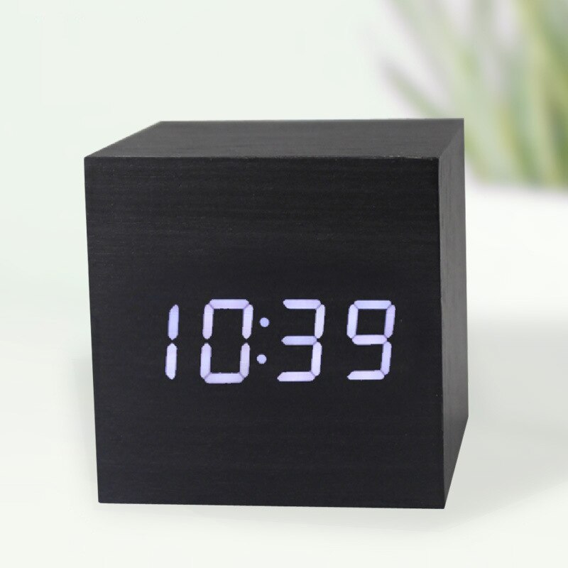 LED Intelligente Voice Control Wekker Met Thermometer, Houten Houten Klok, Digitale Horloge Klok, elektronische Klok En Kosten: Black and white ligh