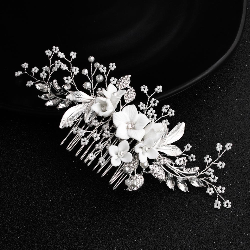 metal Leaves Pearl Mori crepe Hair combs women girls party Headwear bride headpiece: Imitation Rhodium Plated