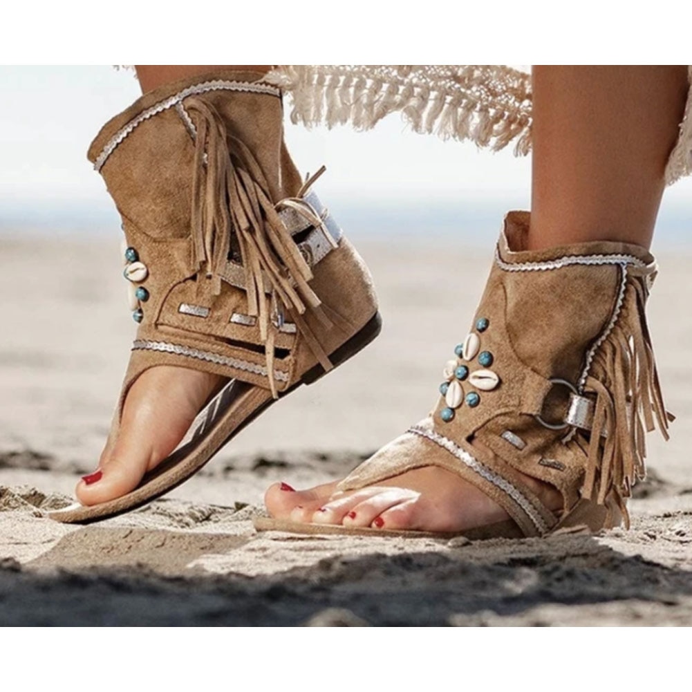 BLWBYL Retro Women Fringe Flower Wedges Shoes Solid Flock Beach Casual Sandals Women Summer Flip Flop Sandals