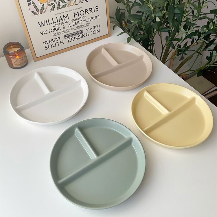 Ladycc Koreaanse Matte Ronde Eettafel Plaat Keramische Drie Raster Plaat Fruit Ontbijt Platte Plaat Kinderen Eetkamer Plaat