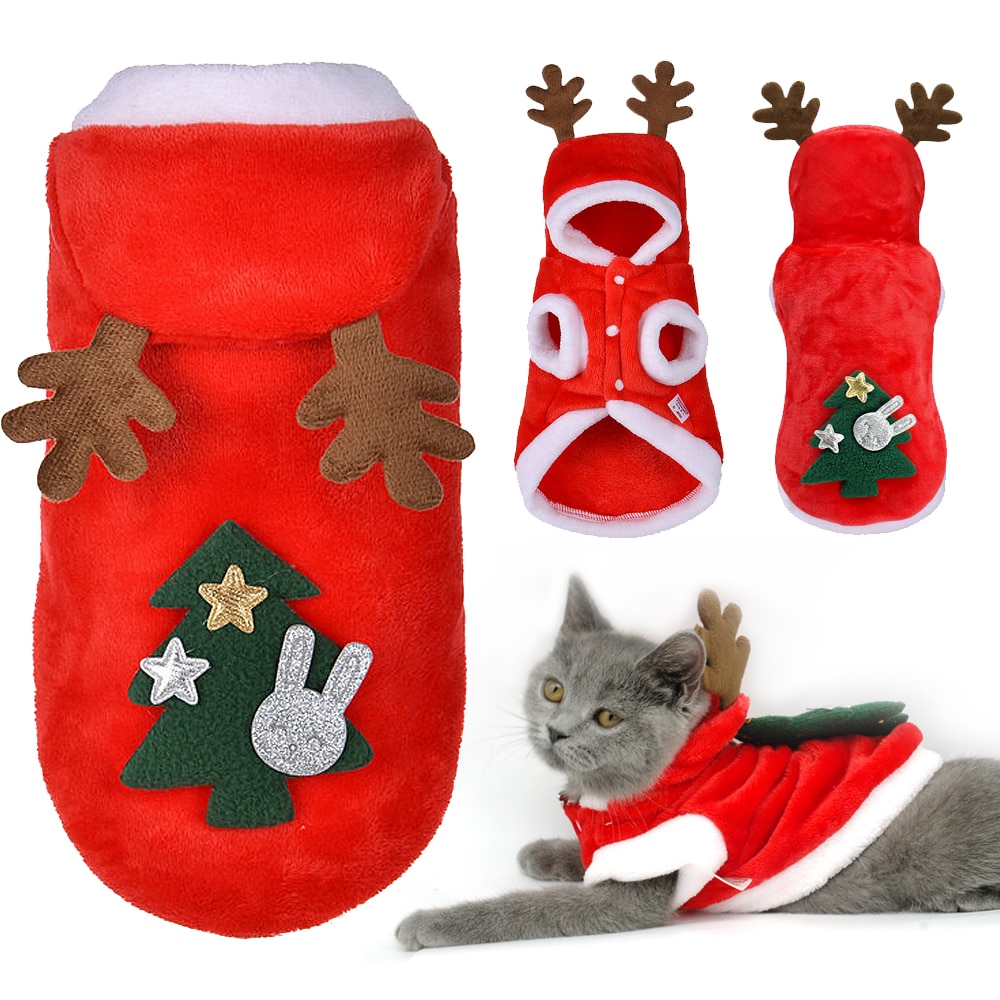 Julekat tøj små hunde katte santa kostume killing hvalpedragt hættetrøje varm kæledyr hundetøj