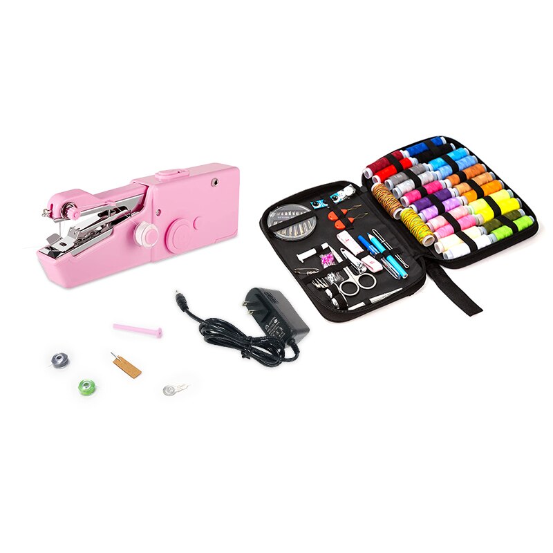 Mini Hand Sewing Machine Sew Needlework Cordless Clothes Fabrics Pink White Portable Mini Sewing Machine With Sewing Kits: Pink B (US)