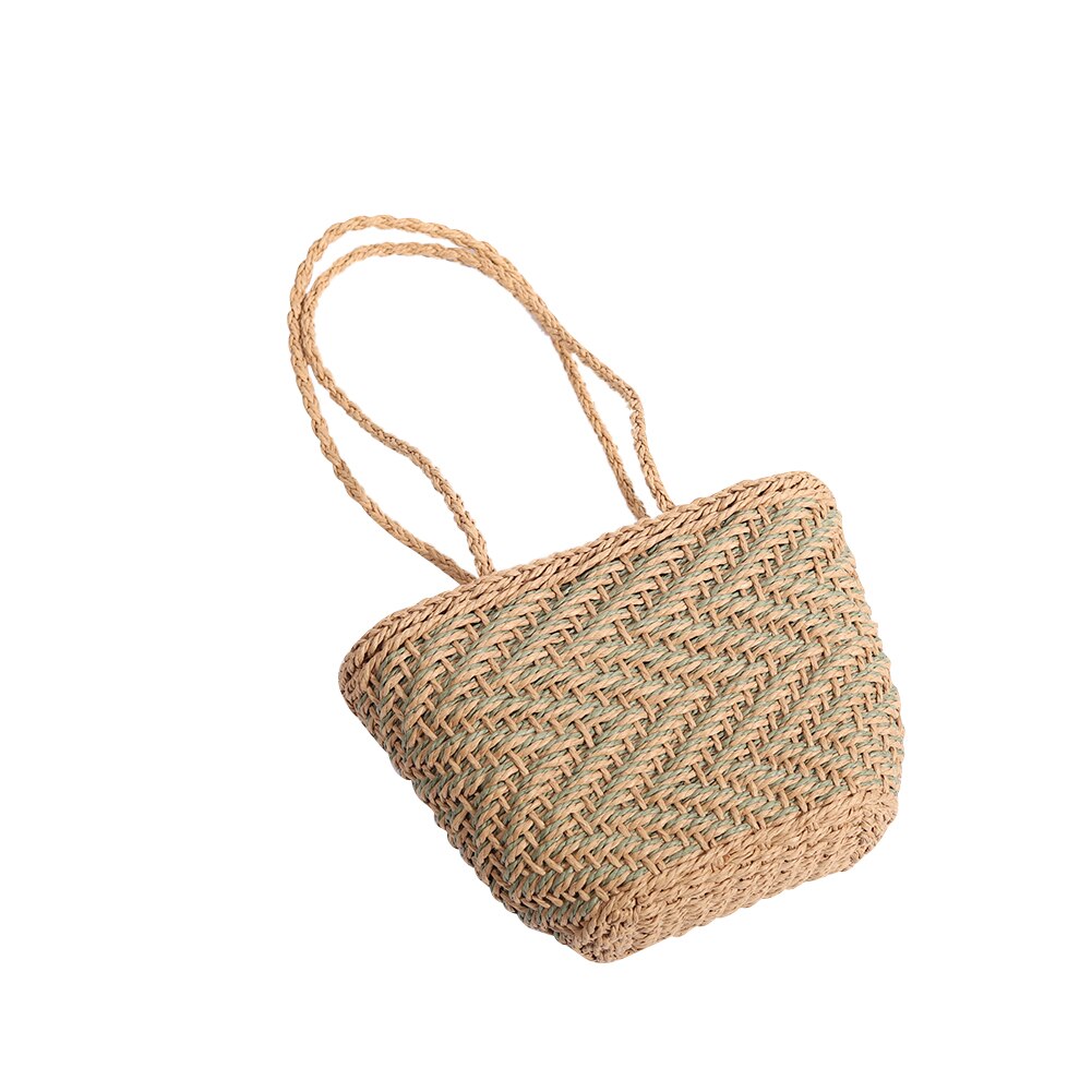 Vintage Straw Shoulder Weaving Bucket Beach Bag Women Woven Rattan Small Beach Summer Bucket Totes Handbags: Green