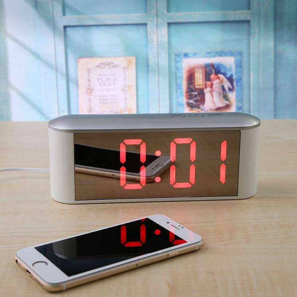 Digital bord ur med temperatur dispalyled skrivebordsindretning til hjemmet indretning elektronisk make up spejl ure snooze funtion: W rødt lys