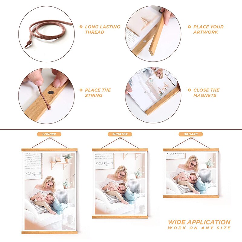 Natural Wood Poster Frame Magnetic Picture Photo Hanger Wall Hanging Art Print Frame