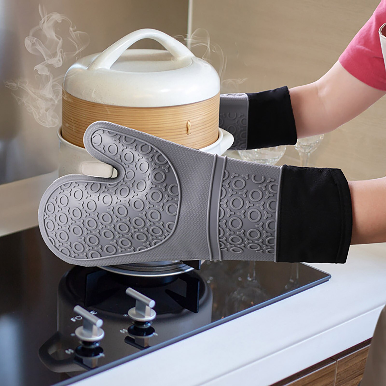 Antislip Siliconen Ovenwant Waterdichte Hittebestendige Keuken Handschoenen Lange Katoenen Bbq Oven Handschoenen Voor Barbecue Koken Bakken