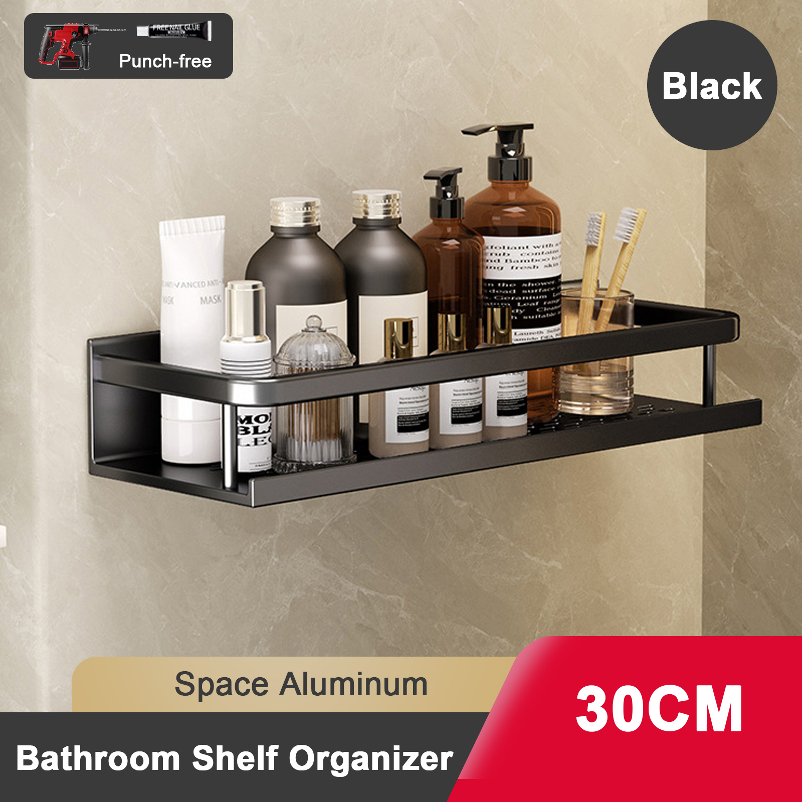 Support de salle de bain sans poinçon, étagère de salle de bain, espace de toilette en aluminium, sans perceuse, support suspendu, organisateur de salle de bain, accrocher au mur