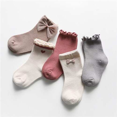Chaussettes en coton pour filles, 5 pièces, en dentelle, avec nœud, Style princesse, accessoires pour enfants, automne et hiver: style 3 / S 0to1Years