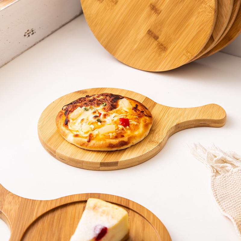 Tabla de Pizza, tabla de cortar de bambú con mango, corte doméstico, pan, fruta, Base redonda de madera, bandeja de comida, utensilios de cocina duraderos