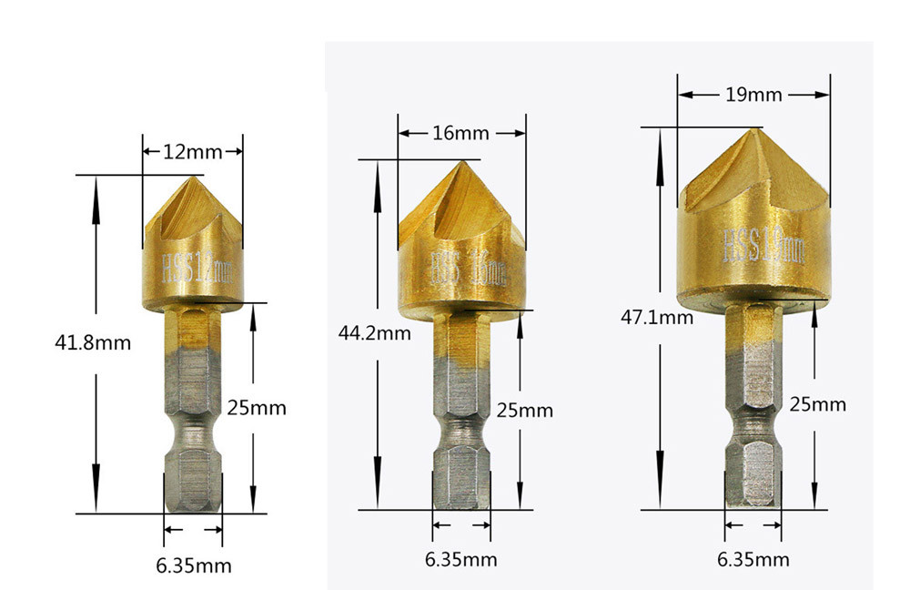 3 pcs Flute Countersink Drill Bit Set Counter Hand Tools Multifunction Sink Chamfer Cutter High Speed Steel Drill Bit#es#15