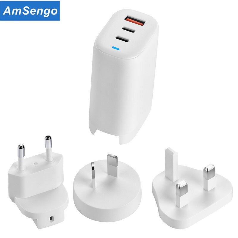 Amsengo 3- port usb  pd 65w gan schnelllade-netzteil für iphone 12, 11 pro max, mini, typ-c schnelllade-ladegerät eu, us, uk