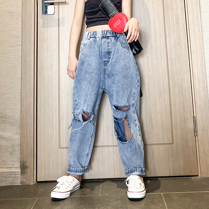 Dziewczyny porwane jeansy 8 0 12 yearsBlue spodnie dżinsowe 2022 nowa, w stylu Streetwear moda dla dziewcząt nastolatek stroje jeansowe: 8