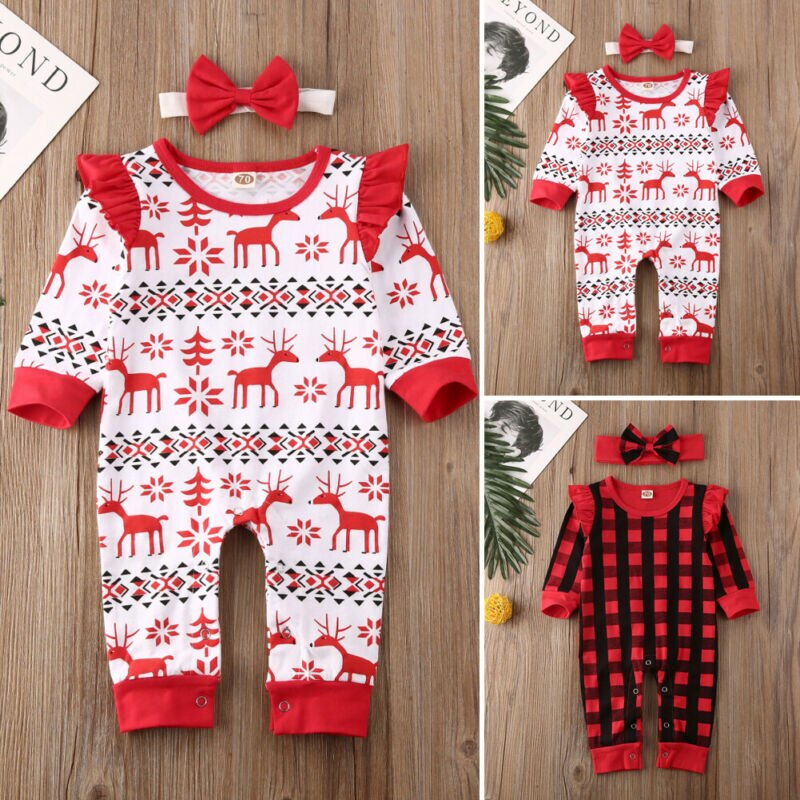 Herfst herfst kerst babymeisje geruite hertenprint romper jumpsuit kerst geruite destival kledingset