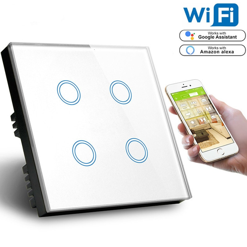 EU Standard wifi smart switch Touch screen 4 Gang Alexa Voice Control Wall Wifi tuya Switch 1000W White Crystal Glass Panel 220V