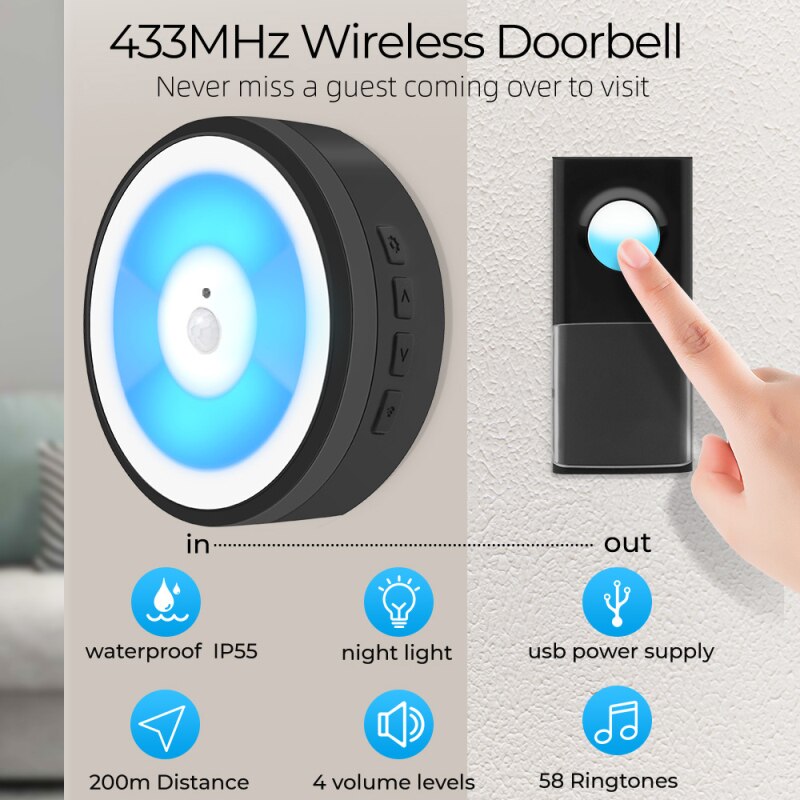 USB Powered IP55 Waterproof Wireless Smart Doorbell Door Bell Ring Chime Call 433MHZ LED Night Light Home Plug-Free For Home