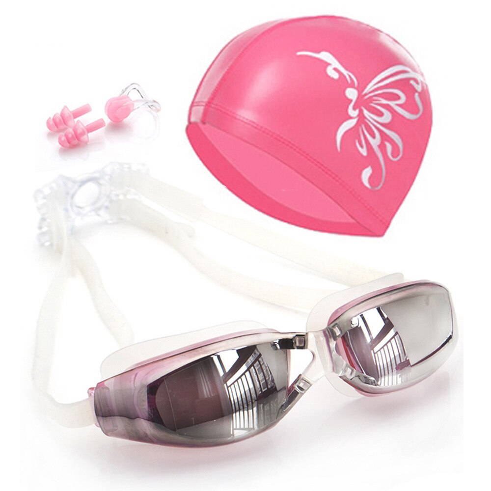 Set Professionele Verstelbare Zwembril Hd Anti-Fog Bril Zwemmen Goggle Adult Bril Met Cap Neus Clip Set: pink 