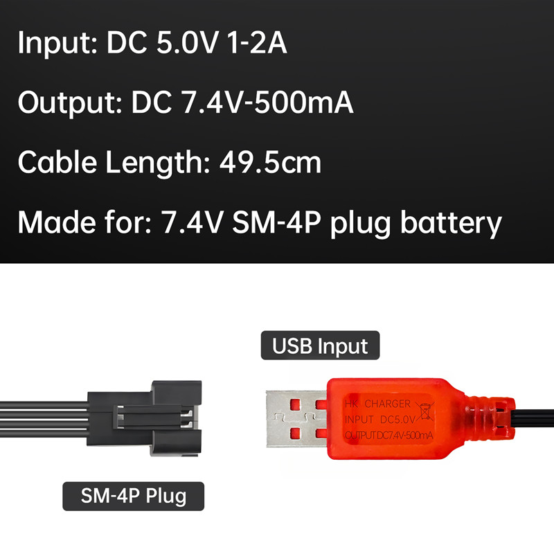 1 pièces 7.4V 500mA SM-4P prise chargeur USB pour DE36W DE65 HM202 EC08 EC16 RC voiture, M416 électrique Gel boule Blaster chargeur de batterie
