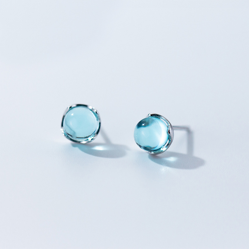 MloveAcc Real 100% 925 Sterling Silver Stud Earrings for Women Blue Crystal Bubble Ear Stud