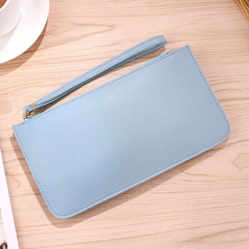 Mode Lange Vrouwen Effen Rits Portemonnee Portemonnee Clutch PU Lederen Telefoon Kaarthouder Meisjes Polsbandje Riem tas: sky blue