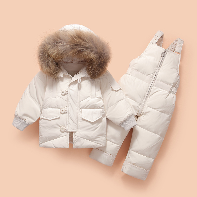 Mode Kinderen Meisjes Set Kleding Jongen Set Slijtage Sneeuw Parka Duck Down Jas + Overalls Grote Bont Met Hooded Winddicht dikker Outfit