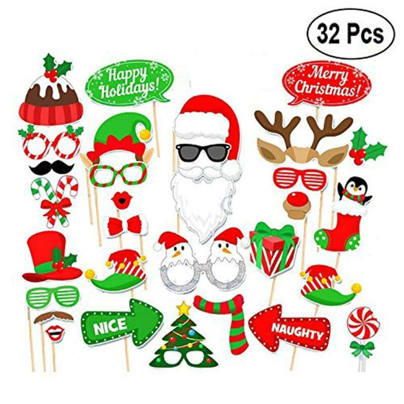 Christmas Photograph Props For Carnival Year Party Photo Booth Decos Paper Beard Lips Decorations Accessories: 32pcs