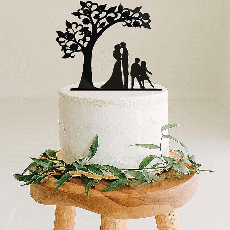 Coppia di topper torta anniverario matrimonio stile albero con 2 bambini sposa e sposo con animale domestico cane gatto ragazzi ragazze famiglia torta topper: XL / Grigio scuro