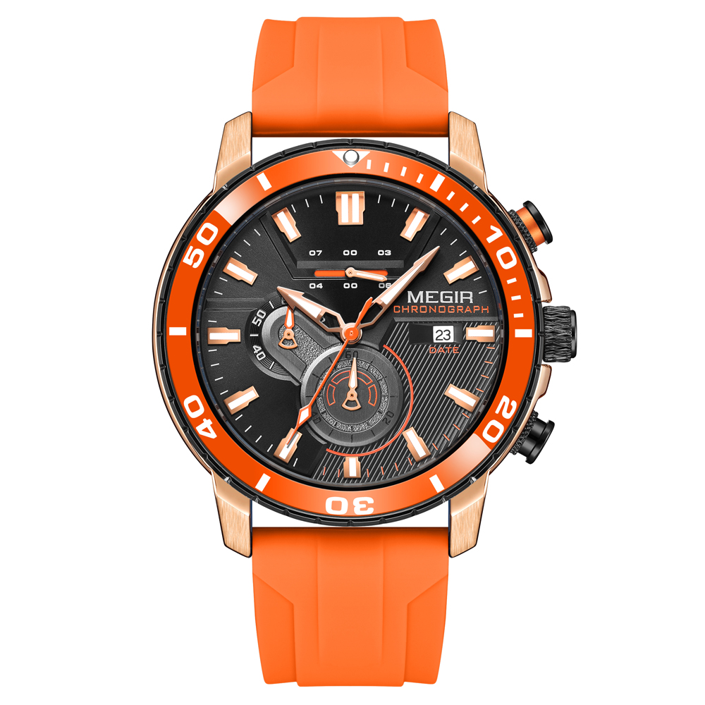 Megir oranje chronograaf sporthorloge voor heren met siliconen band, waterdicht, met lichtgevende wijzers, automatische datumweergave en 24-- uurs weergave.