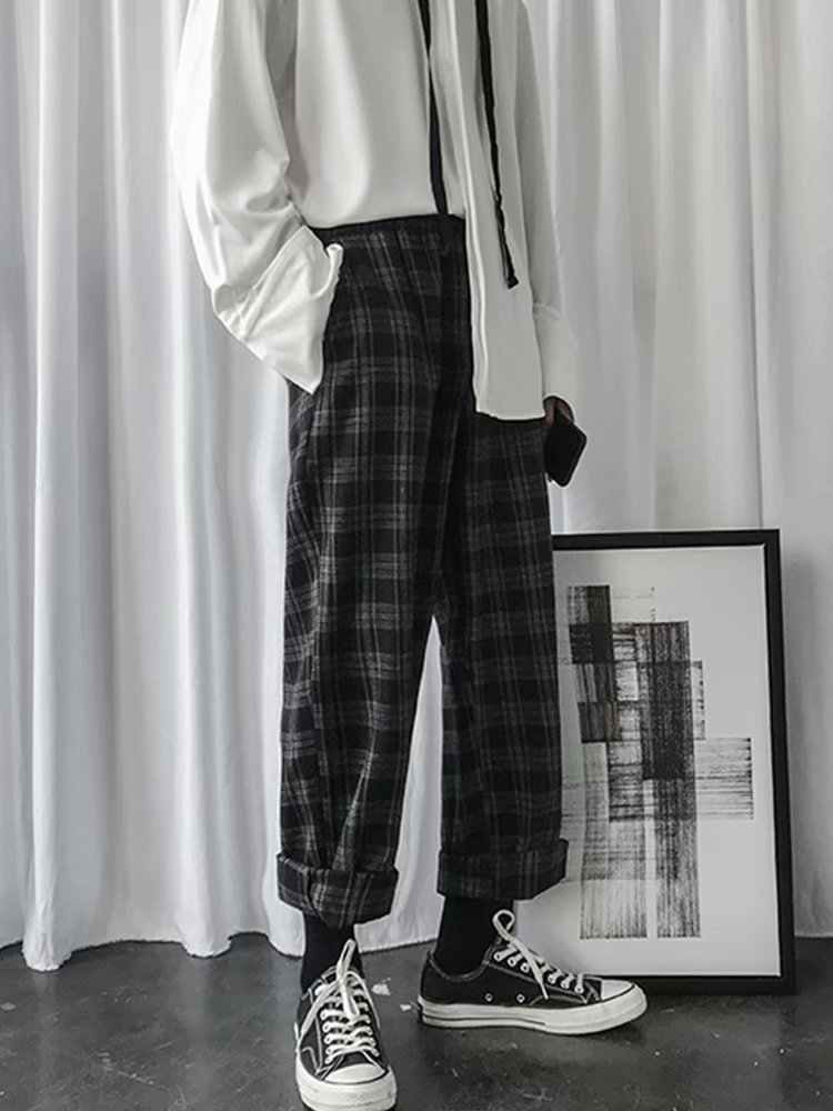 Casual bukser herre plaid løse bukser med brede ben herre simple chic koreansk stil all-match ins trendy streetwear harajuku sa -8: Xxl til 175cm 65kg / Brun