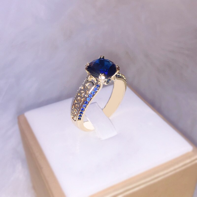 Cellacity-anillo de compromiso para mujer, con piedras preciosas redondas, joyería fina de plata 925 para mujer, zafiro, circonita, rubí, Color oro rosa: 8 / blue