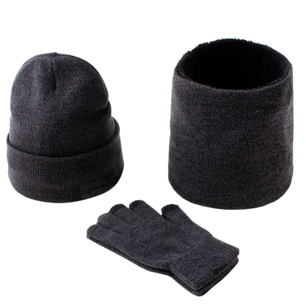 3 pièces ensemble de gants écharpe MenHat bonnet czapka i komin tricotin шаска караром casquette en tricot d'hiver coupe-vent épais chapeau écharpe ensemble # D: Black