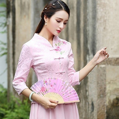 Traditionele Chinese Kleding Voor Vrouwen China Shirt Chinese Stijl Tops Jas Jacquard Katoen Afdrukken Verticale Cheongsam Tops: pink colour / S