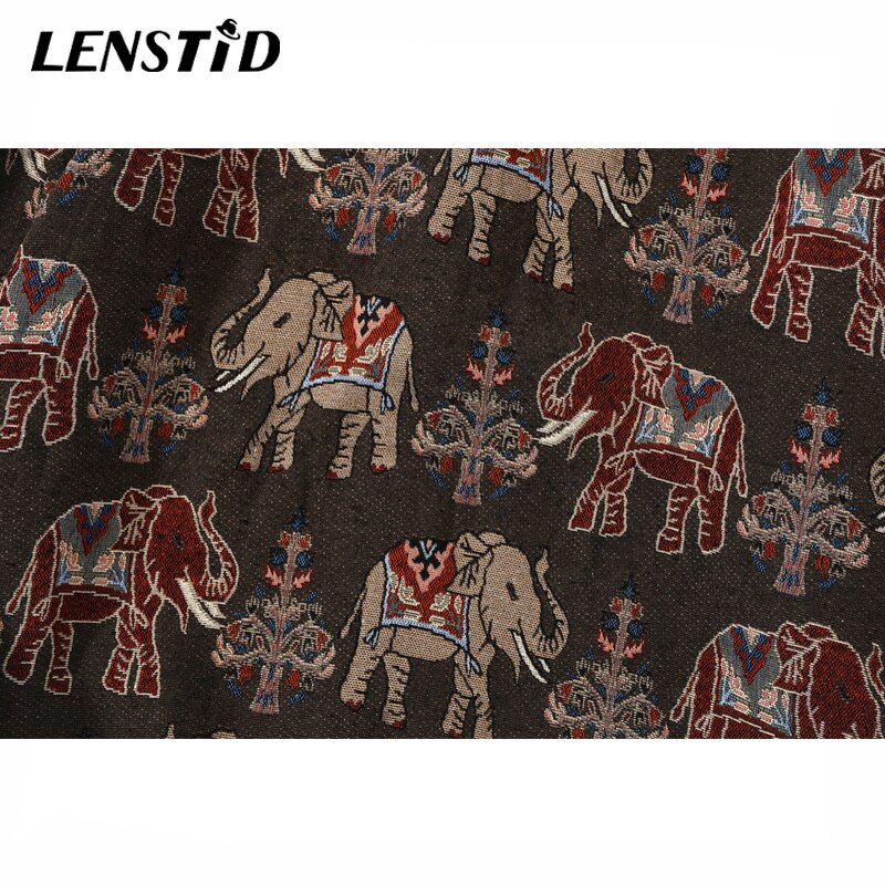 LENSTID Men Hip Hop Long Sleeve Knitted Shirt National Style Elephant Embroidery Harajuku Streetwear Vintage Casual Loose Shirts