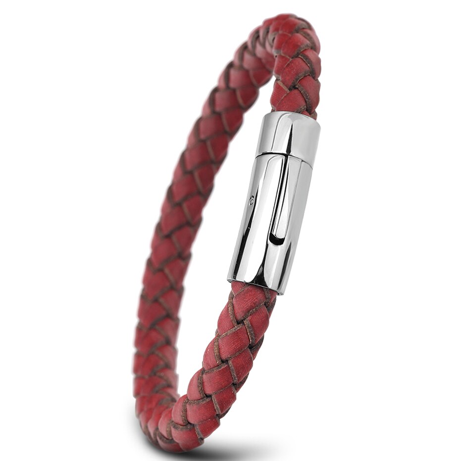 Herre armbånd rustfrit stål sort læderarmbånd armbånd armbånd punk stil smykker magnetisk lås: Rød / 19cm