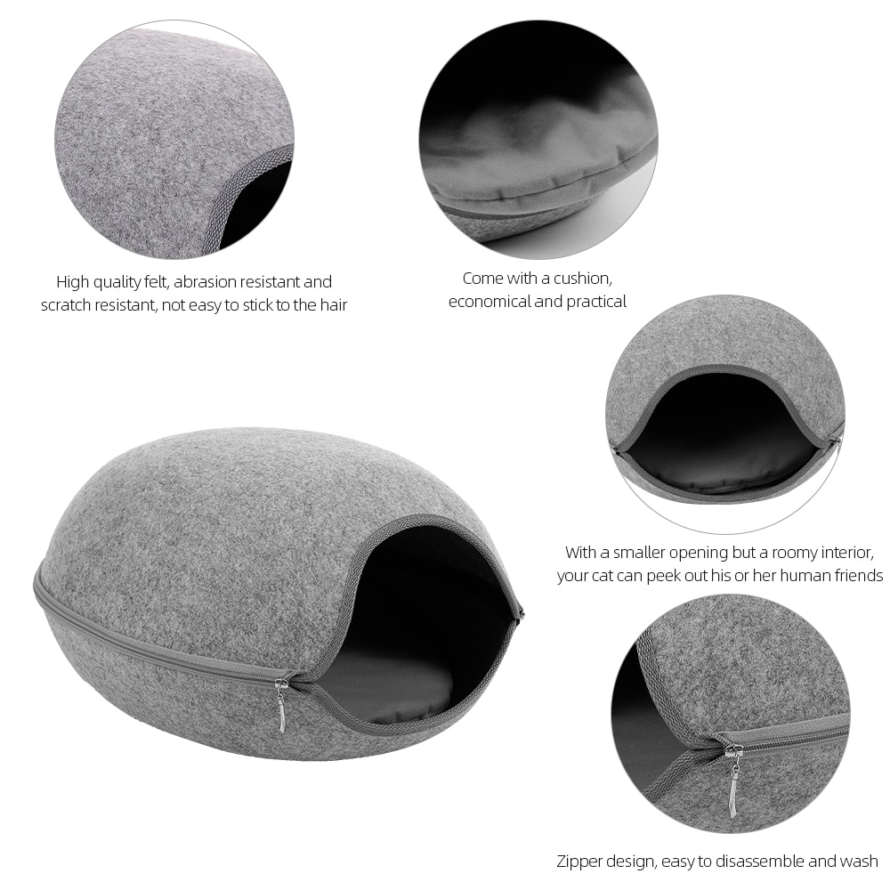 Feutre naturel grotte pour animaux de compagnie pour chat gris/bleu/rose maison pour animaux de compagnie chat lit maison avec coussin fermeture éclair animaux produit toutes les saisons