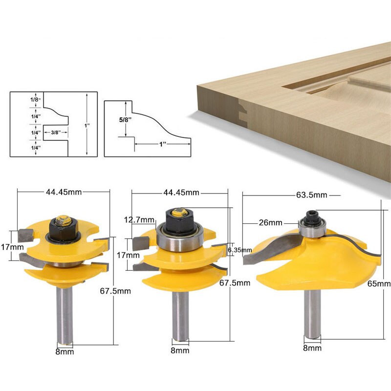 8mm tige surélevée panneau armoire porte routeur ensemble fraise à bois fraises 3 Bits Ogee menuiserie routeur: GJ377-3