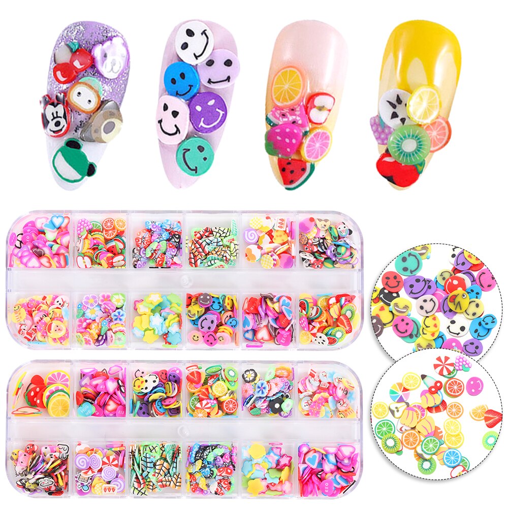 12 Desigs/Box Nail Fruit Plakjes Vlinder Decoratie Decal Paillette Zachte Polymer Klei Tips Cartoon Zomer Pailletten Nail Art acce