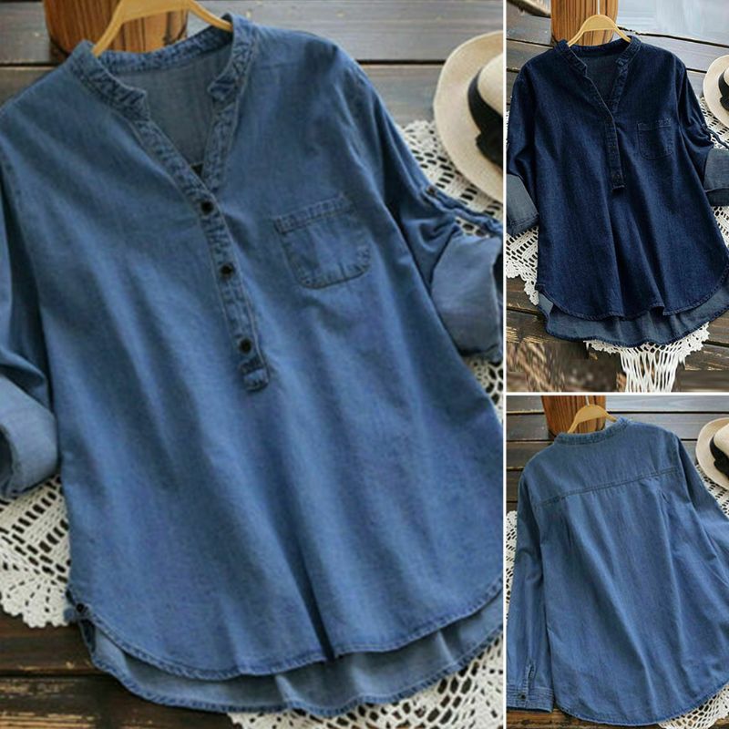 Dames casual denim blauw asymmetrisch lang overhemd tops knopen blouse plus maat 67jc