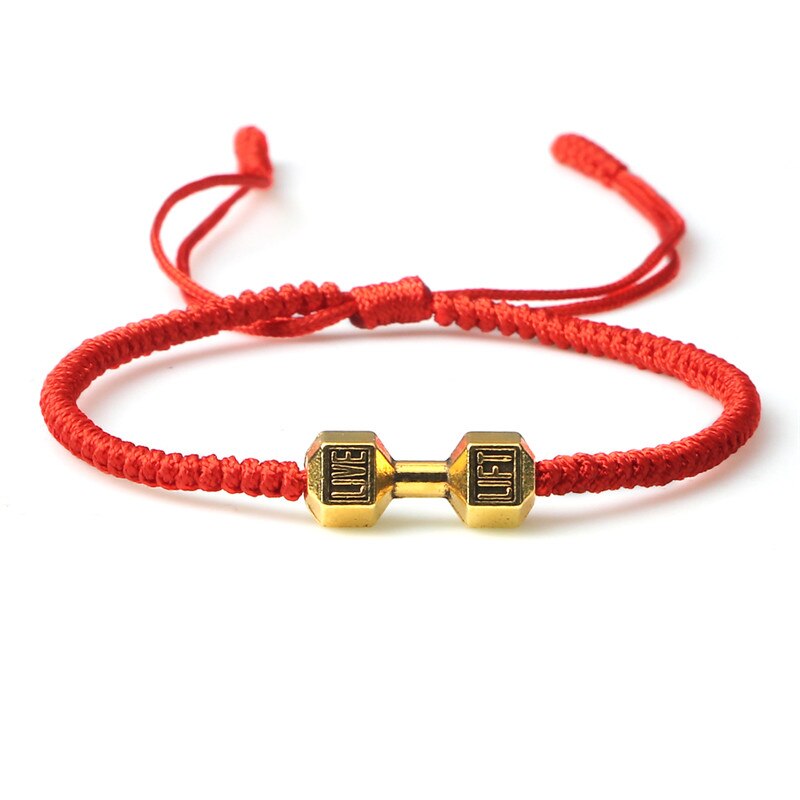 Charme Tibetischen Buddhistischen Woven Hanteln Armbänder &amp; Armreifen Für Frauen Männer Glück Handgemachte Knoten Seil Armband Barbell Bead Schmuck: Red-gold