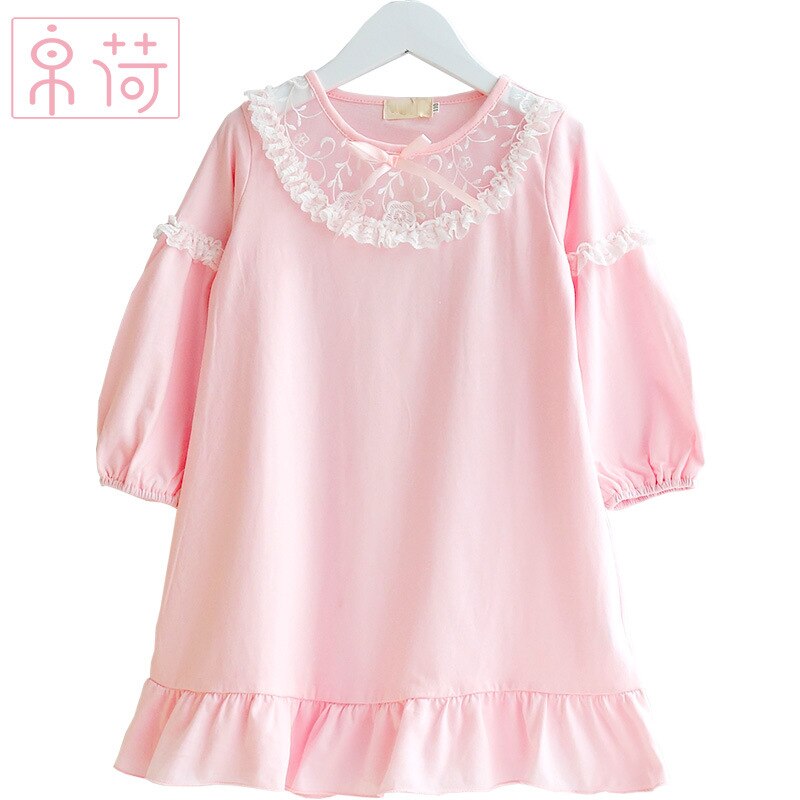 Girls Pajamas Baby Nightdress sleepwear100% Cotton Thin Long Sleeve Home Clothing Children Nightgowns 2y-14y: Pink / 90