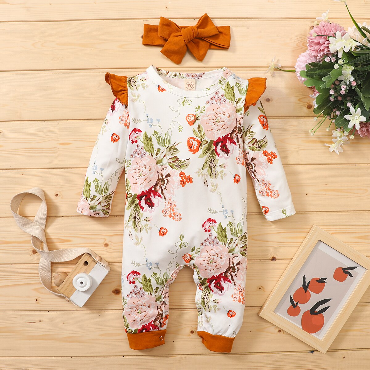 Porte-bébé 2 pièces filles garçons automne barboteuse imprimé fleuri/léopard col rond à volants manches longues combinaison + bandeau nœud