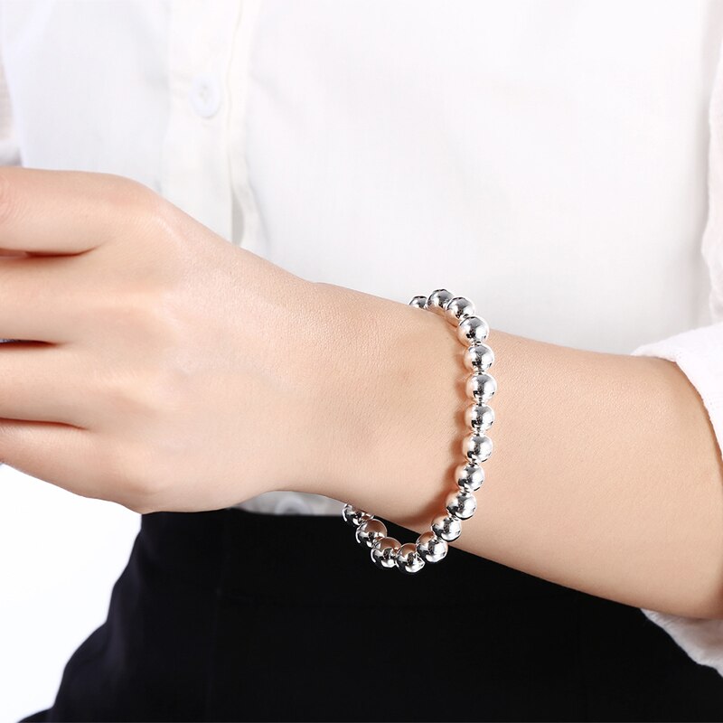 925 Silver 8MM Smooth Bead Bracelets Chains For Women Men Jewelry