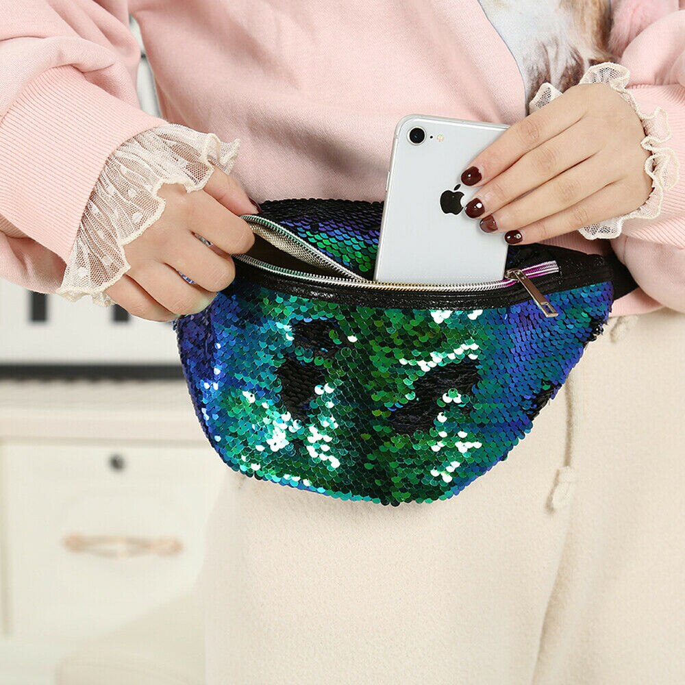 Taille Taschen Frauen Reisen Pailletten PU Leder Schulter Brust Tasche Fanny Pack Geld Gürtel Brieftasche Glitter Bum Tasche Pouch