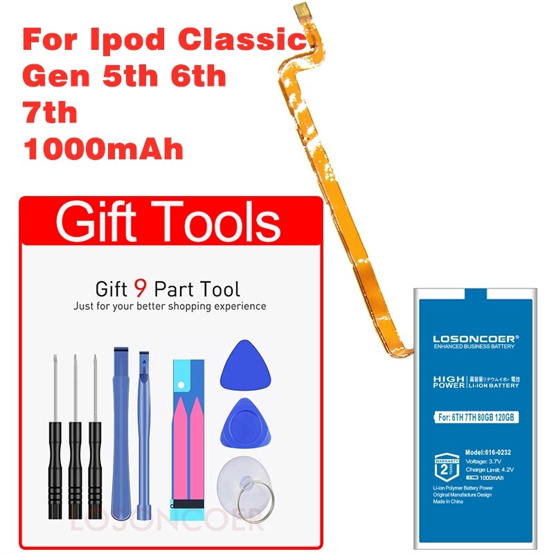 LOSONCOER, batería de 1000mAh 616-0232 para ipod Classic Gen 5th 6th 7th 80GB 120GB delgada de 160GB para ipod 5/5.5 Gen 30Gb 616-0229