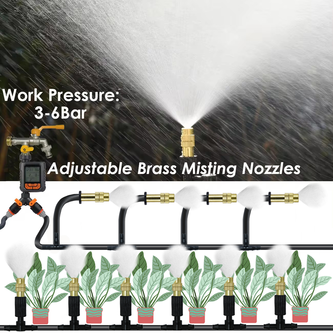 Hage 10-50m automatisk vanning dryppvanningssystem sett 4/7mm slanger 1/4 '' tåkedyse sprinkleranlegg til plen potteplante drivhus