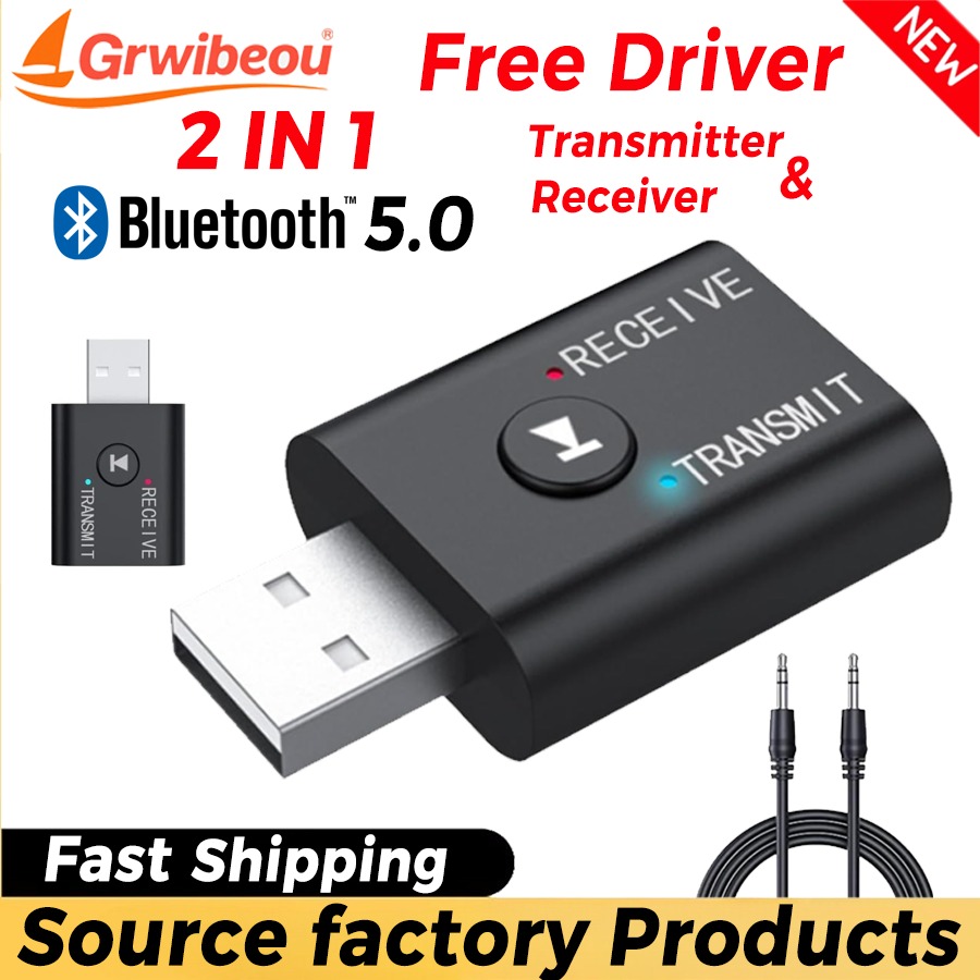 Wireless USB Bluetooth 5.0 Adapter 2IN 1 Transmitter Receiver Converter 3.5mm AUX Jack for PC Computer TV Laptop Speaker Headset