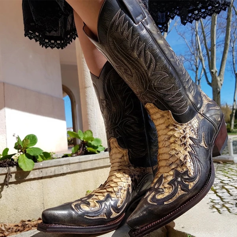 Python Western Boot Colorblock Embroidery Men Boots Modern Shoes A66