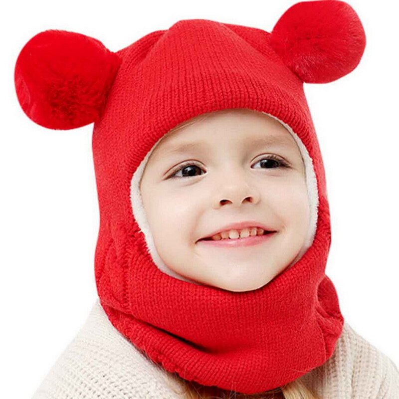 Autumn Winter Children Hats Pom Pom Ball Hat Kids Beanies Cap Girls Boys Warm Wool Hooded Hat Baby Scarves Toddler Caps: red