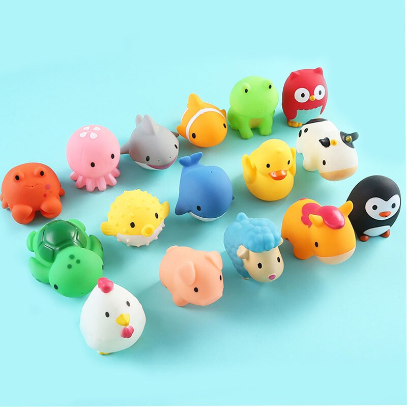 16 modelli giocattoli da bagno per bambini simpatici cartoni animati Mini animali gomma morbida spremere suono vasca da bagno gioco d&#39;acqua Set Baby Funny Shower Gift