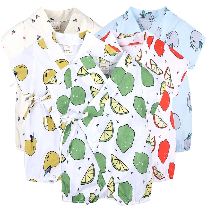 Novo verão roupas da menina do bebê macacão para recém-nascidos roupas menino fruta cinto botão manga curta macacão crianças infantil 3-24m